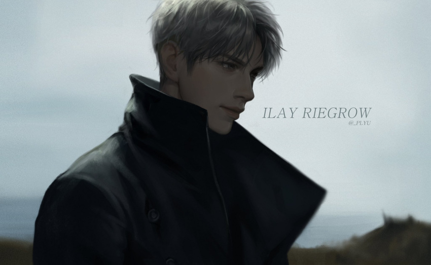 1boy black_coat character_name closed_mouth clouds cloudy_sky coat expressionless grey_hair highres ilay_riegrow male_focus ocean outdoors passion_(manhwa) plyu realistic short_hair sky solo twitter_username upper_body