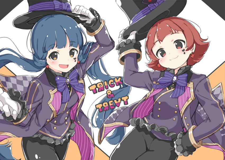 2girls :d black_pants blue_hair blunt_bangs blush breasts brown_eyes buttons character_name closed_mouth cowboy_shot dot_nose earrings flipped_hair frilled_sleeves frills gloves hand_on_own_hip hat heart_stickers holding holding_clothes holding_hat idolmaster idolmaster_million_live! idolmaster_million_live!_theater_days jacket jewelry kitakami_reika kuresuku_(lessons) long_hair long_sleeves looking_at_viewer multiple_girls nonohara_akane official_alternate_costume open_clothes open_hand open_jacket open_mouth pants purple_jacket purple_ribbon red_eyes redhead ribbon short_hair sidelocks simple_background small_breasts smile sticker_on_face top_hat very_long_hair white_background white_gloves
