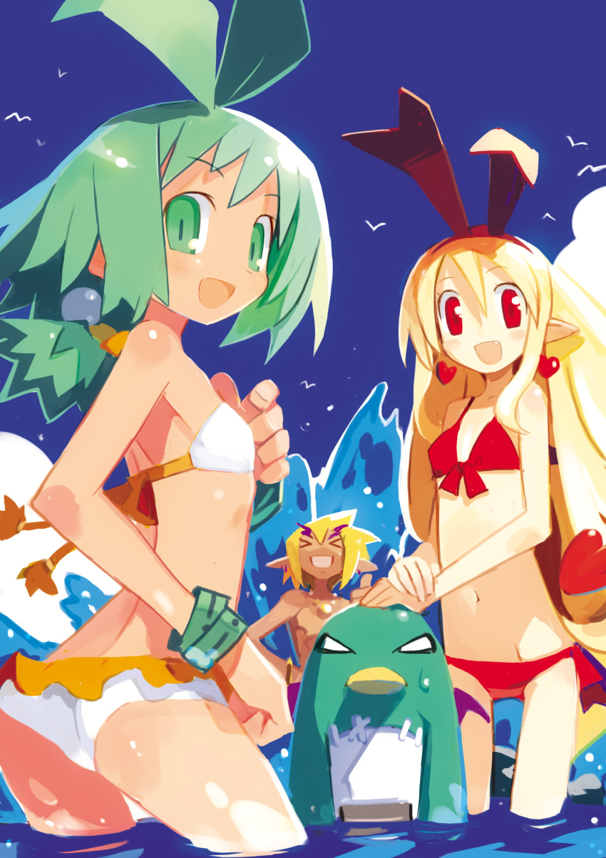 &gt;_&lt; 1boy 2girls :d absurdres akutare_(disgaea) angry antenna_hair ass back bikini bird blonde_hair blue_sky blush bracelet clenched_hand closed_eyes clouds day demon_boy disgaea earrings fallen_angel fang flat_chest flonne flonne_(fallen_angel) frilled_bikini frills from_side front-tie_bikini_top front-tie_top green_eyes green_hair hair_between_eyes hair_ribbon hair_tie hairband hand_on_another's_head hand_on_own_hip happy harada_takehito heart heart_earrings highres jewelry kurtis_(disgaea) long_hair looking_at_viewer looking_back low_ponytail marona_(phantom_brave) multiple_girls navel nippon_ichi no_pupils non-web_source official_art open_mouth outdoors own_hands_together penguin phantom_brave photoshop_(medium) pointy_ears ponytail pouch prinny red_bikini red_eyes ribbon seagull short_hair sidelocks skinny sky slit_pupils smile spiky_hair standing stitches swimsuit thick_eyebrows thumbs_up topless_male very_long_hair
