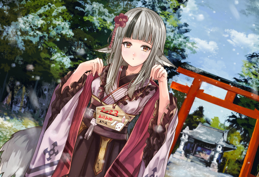 1girl 2023 animal_ears black_hair breasts collarbone fingernails fire_emblem fire_emblem_fates fire_emblem_heroes frilled_kimono frilled_sleeves frills fuussu_(21-kazin) grey_hair grey_tail hair_ornament hands_up highres japanese_clothes kimono medium_breasts multicolored_hair official_alternate_costume solo streaked_hair tail torii two-tone_hair velouria_(fire_emblem) velouria_(new_year)_(fire_emblem) wide_sleeves wolf_ears wolf_girl wolf_tail
