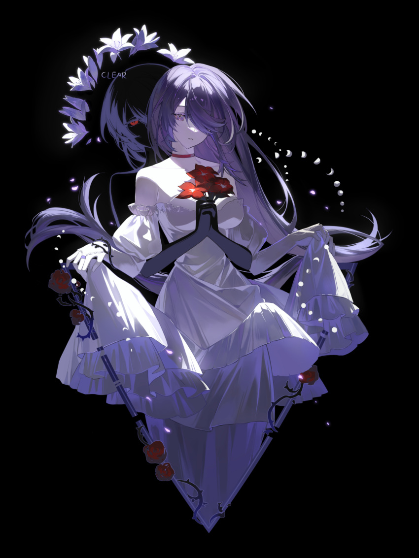 1girl acheron_(honkai:_star_rail) artist_name bare_shoulders black_background bridal_gauntlets choker clear_regulus commentary cropped_torso dress extra_arms floating_hair flower hair_over_one_eye highres honkai:_star_rail honkai_(series) layered_dress long_hair long_sleeves looking_at_viewer off-shoulder_dress off_shoulder one_eye_covered own_hands_clasped own_hands_together parted_lips purple_hair red_choker red_flower sidelocks simple_background skirt_hold solo