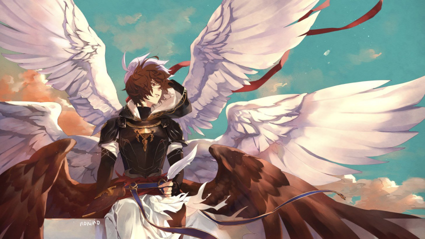 1boy armor artist_name belt blue_belt blue_sky breastplate brown_hair brown_wings clouds cloudy_sky commentary commentary_request cowboy_shot feathers fingerless_gloves floating_clothes floating_hair gloves gradient_sky granblue_fantasy hair_between_eyes hood hood_down looking_to_the_side male_focus messy_hair multiple_wings on_railing parted_lips railing red_eyes red_ribbon ribbon sandalphon_(granblue_fantasy) short_hair signature sitting sky solo_focus sub_nonino turtleneck white_feathers white_wings wind wings