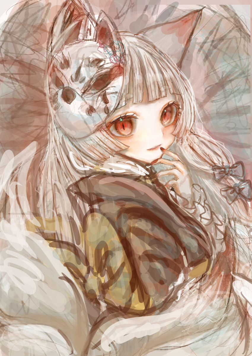 1girl animal_ears back_bow black_kimono blunt_bangs blush bow commentary_request fangs fangs_out fox_ears fox_girl fox_mask fox_tail from_behind grey_bow grey_hair hair_bow hand_to_own_mouth hand_up highres japanese_clothes kimono long_hair looking_at_viewer looking_back mask mask_on_head multiple_tails original parted_lips red_eyes red_nails sidelocks sketch slit_pupils smile solo standing tail teeth tensaitou_tou upper_body