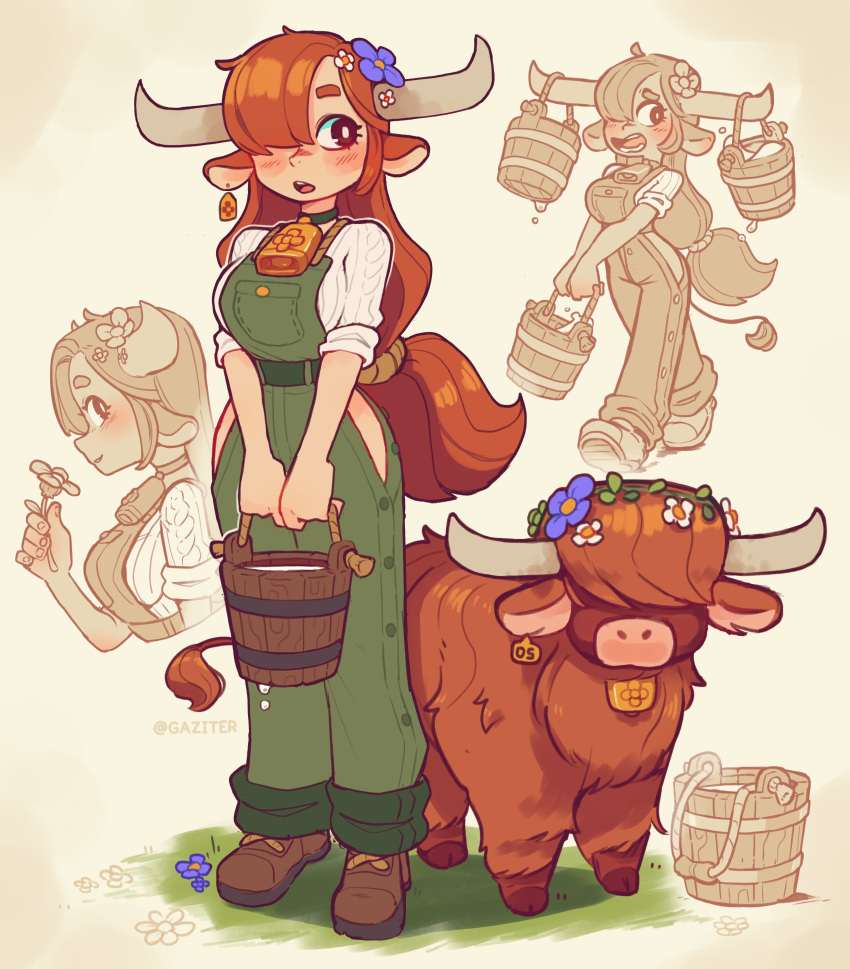 1girl absurdres animal_ears boots breasts brown_eyes brown_footwear brown_hair bucket cow cow_ears cow_girl cow_horns gaziter green_overalls highres holding holding_bucket horns long_hair medium_breasts open_mouth original ponytail solo