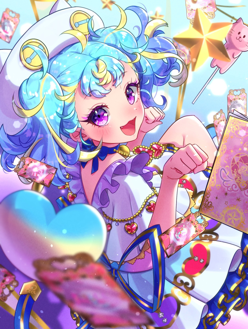 1girl :d ahoge blonde_hair blue_background blue_choker blue_hair blue_ribbon blush candy capelet card choker commentary_request fangs food from_side gem gold_trim hands_up heart heart_print highres lollipop long_hair looking_at_viewer looking_back moukinui multicolored_hair myamu open_mouth paw_pose pleated_skirt pretty_series red_gemstone ribbon shaped_lollipop sitting skirt smile solo streaked_hair twintails violet_eyes waccha_primagi! white_capelet white_hat