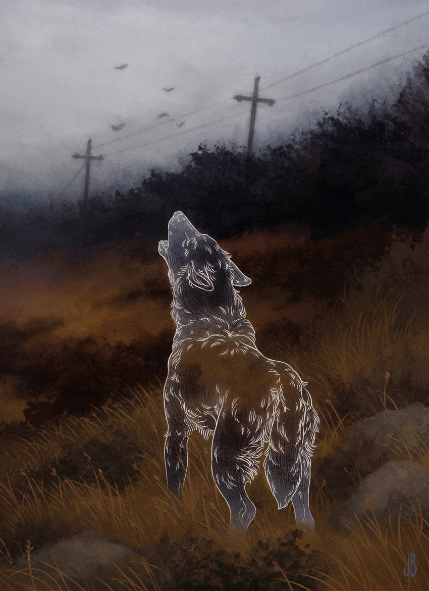 animal animal_focus closed_eyes clouds cloudy_sky dappermouth day dog field fog from_behind ghost glowing grass grey_sky head_back highres howling muted_color no_humans open_mouth original outdoors outline power_lines realistic rock scenery simple_bird sky standing surreal transparent_animal utility_pole white_outline