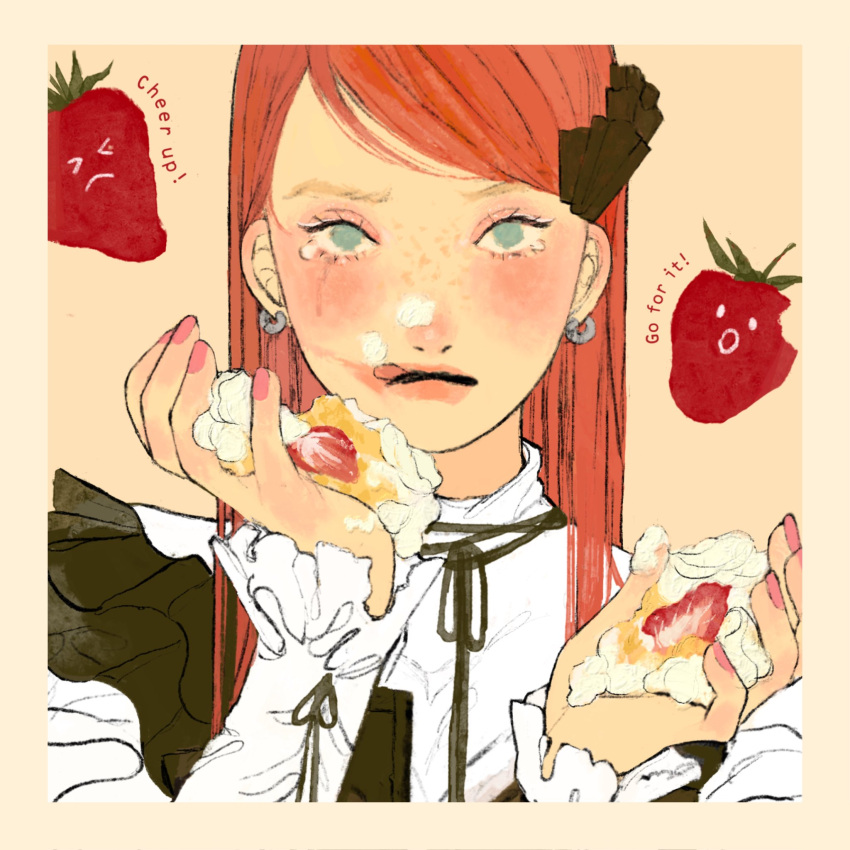 1girl aqua_eyes black_ribbon blush border cake commentary earrings english_text food food-themed_earrings food_on_face freckles fruit hair_ornament highres holding holding_food jewelry long_hair long_sleeves looking_at_viewer nail_polish neck_ribbon original pink_nails redhead ribbon satou_sugar18 simple_background solo strawberry symbol-only_commentary tears tongue tongue_out upper_body yellow_background yellow_border