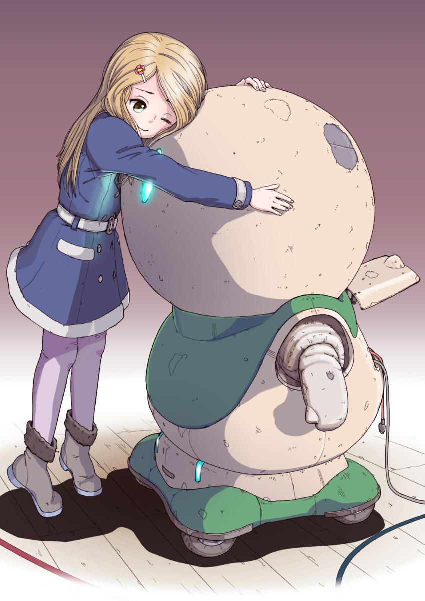 1girl 1other blonde_hair blue_coat boots brown_eyes cable coat full_body gloves hair_ornament hairclip highres hug long_hair looking_at_another one_eye_closed original pantyhose robot science_fiction smile sukabu