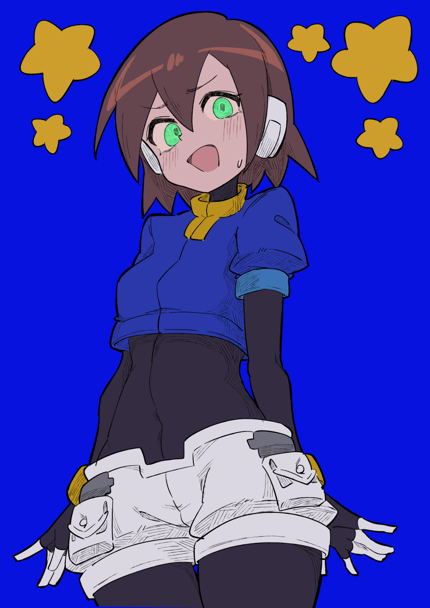 1girl absurdres aile_(mega_man_zx) black_bodysuit blue_background blush bodysuit bodysuit_under_clothes breasts brown_hair buzzlyears closed_mouth covered_navel cropped_jacket glowing glowing_eyes green_eyes highres jacket looking_at_viewer medium_breasts mega_man_(series) mega_man_zx ringed_eyes robot_ears short_hair shorts sigh simple_background solo star_(symbol) upper_body white_shorts