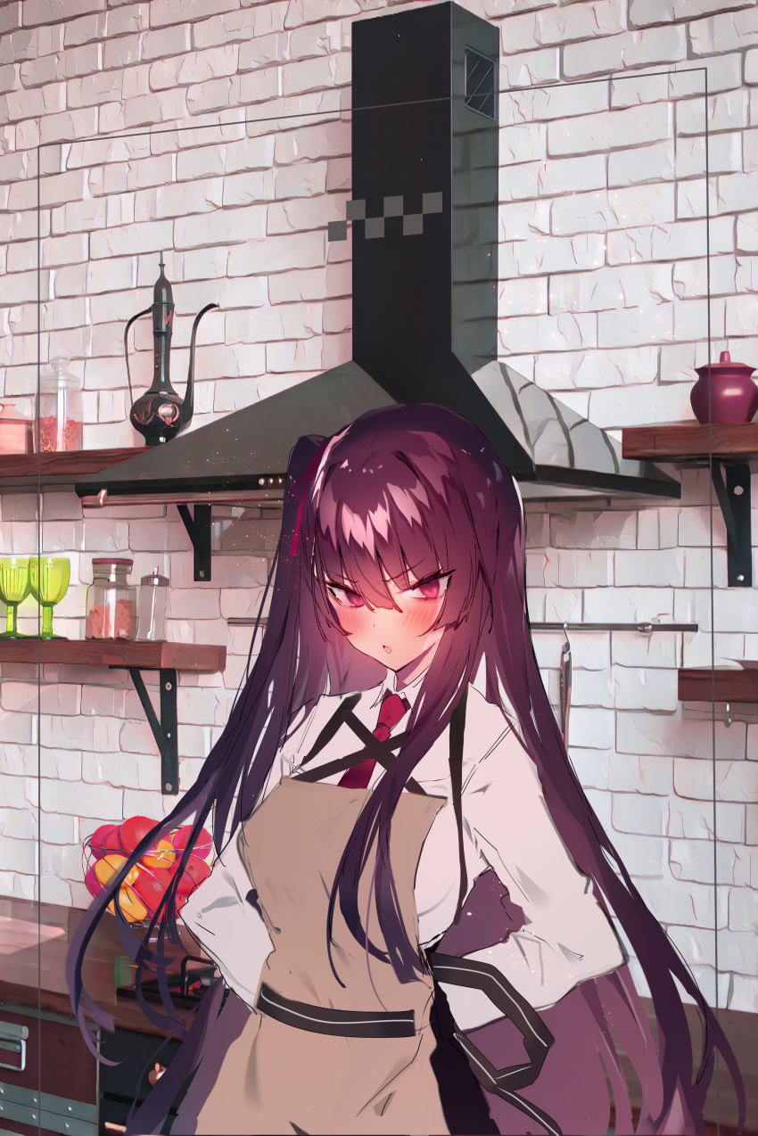 1girl absurdres apron blush brown_apron brown_ribbon collared_shirt food girls_frontline hair_ribbon highres indoors kitchen long_hair looking_at_viewer necktie one_side_up open_mouth purple_hair red_eyes red_necktie red_ribbon ribbon shirt solo soukou_makura standing wa2000_(girls'_frontline) white_shirt