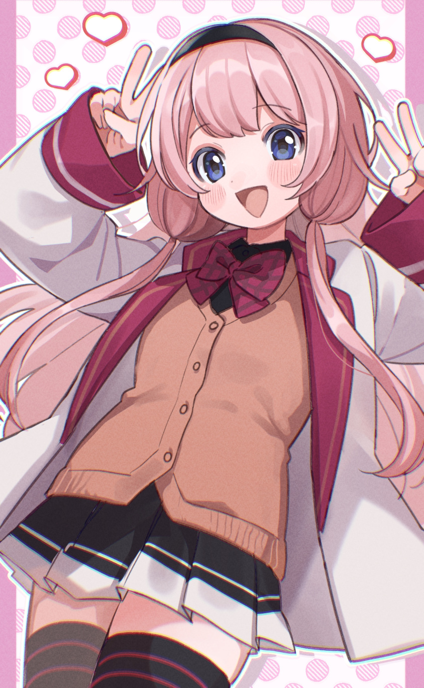 1girl :d black_hairband blue_eyes blush bow bowtie cardigan double_v hairband heart highres hoshimaruchii31 jacket long_hair looking_at_viewer low_twintails nijisanji open_clothes open_jacket outline pink_hair pleated_skirt skirt smile solo suo_sango thigh-highs twintails v virtual_youtuber white_outline