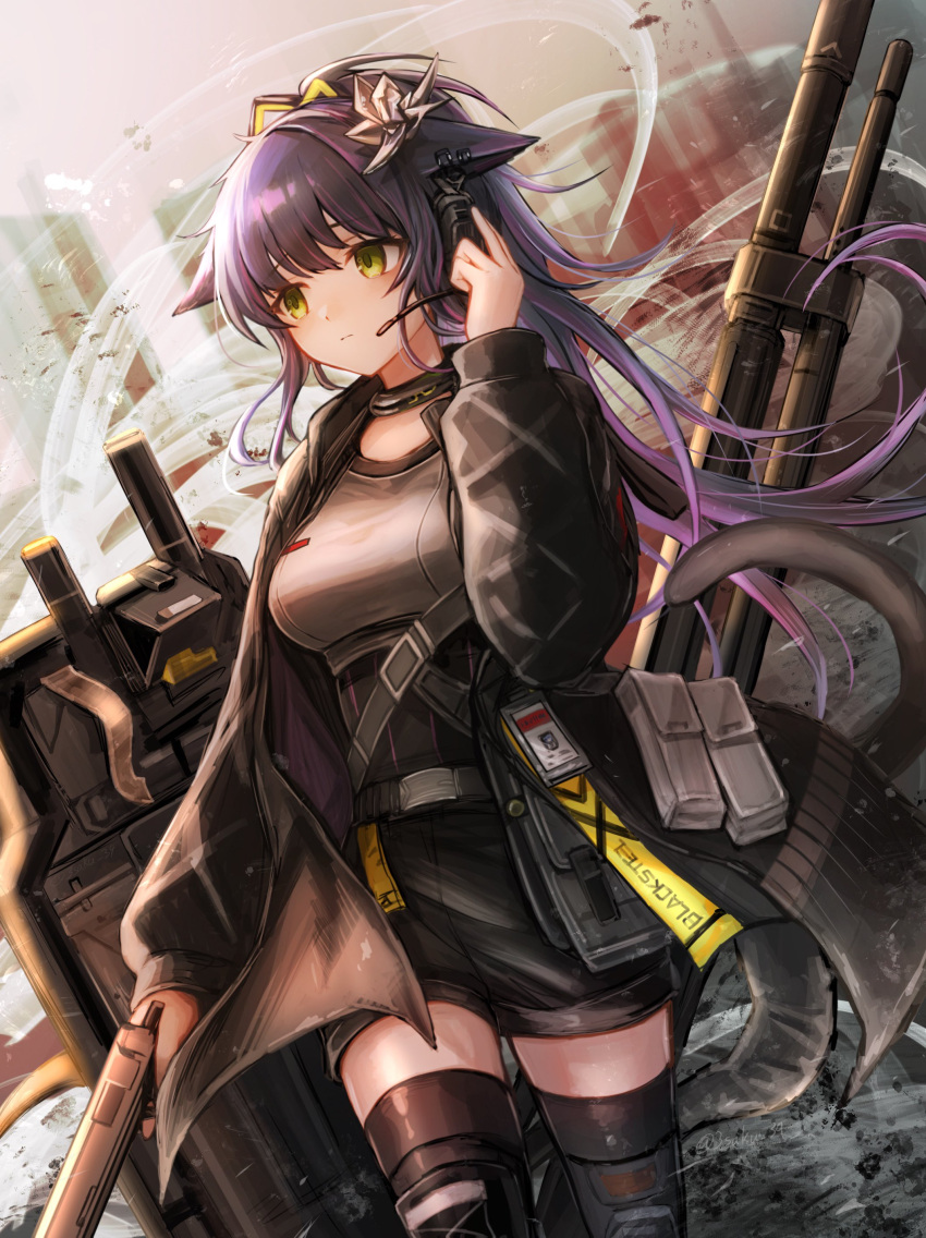 1girl 3_(sanyako1) :| absurdres animal_ears arknights black_jacket black_shorts black_thighhighs breasts cannon cat_ears cat_girl cat_tail closed_mouth cowboy_shot dutch_angle expressionless floating_hair green_eyes grey_shirt gun hand_on_headwear handgun headset highres holding holding_gun holding_weapon jacket jessica_(arknights) jessica_the_liberated_(arknights) large_breasts legs_apart long_hair long_sleeves looking_to_the_side open_clothes open_jacket purple_hair riot_shield shield shirt shorts sidelocks solo straight_hair tail thigh-highs weapon