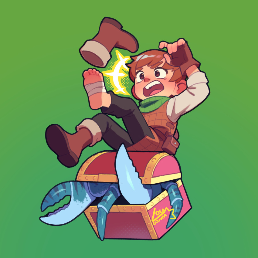 1boy absurdres artist_name bandaged_foot bandages boots brown_eyes brown_hair chilchuck_tims crab dungeon_meshi feet fingerless_gloves gloves green_background highres long_sleeves lougouvea male_focus short_hair single_barefoot single_boot soles solo surprised teeth toes treasure_chest upper_teeth_only