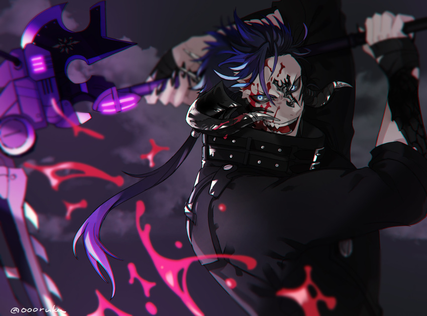 1boy arms_up artist_name au_ra black_background black_coat black_hair black_nails black_sclera blood blood_on_face blue_eyes coat collared_coat colored_sclera colored_tips commentary_request fangs final_fantasy final_fantasy_xiv fingernails hand_wraps high_collar highres horns long_hair looking_at_viewer low_horns low_ponytail male_focus multicolored_hair oooruka_cr open_mouth purple_hair reaper_(final_fantasy) sharp_fingernails twitter_username upper_body warrior_of_light_(ff14)