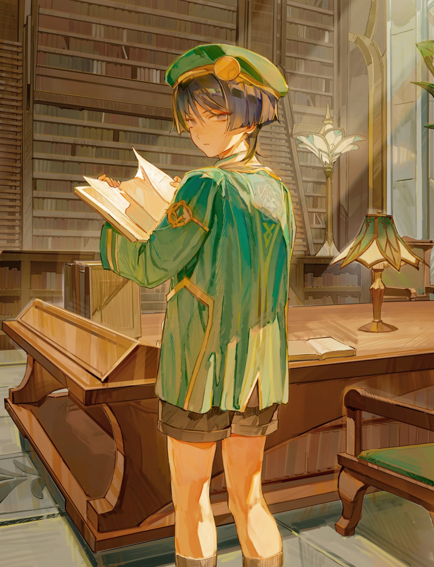 1boy akademiya_uniform black_hair black_shorts blue_hair book bookshelf chair closed_mouth from_behind genshin_impact green_hat hair_between_eyes hat highres holding holding_book indoors lamp library lic_617 long_sleeves looking_at_viewer looking_back male_focus scaramouche_(genshin_impact) shorts solo standing
