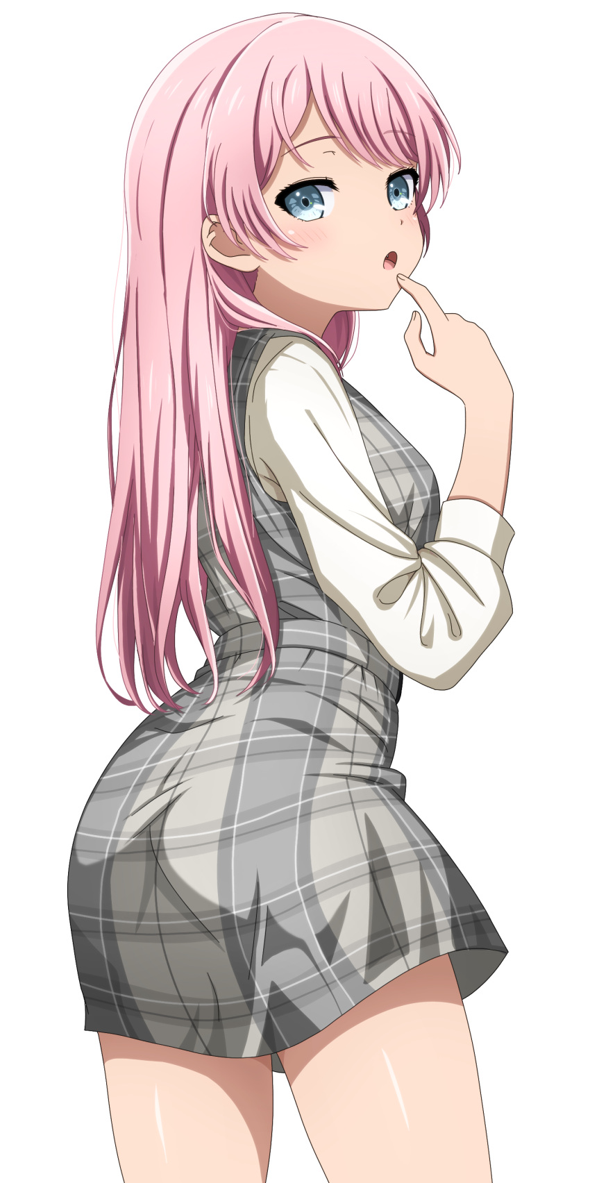 1girl :o absurdres bang_dream! bang_dream!_it's_mygo!!!!! blue_eyes blush breasts chihaya_anon commentary cowboy_shot dress fang finger_to_mouth from_side grey_dress hair_behind_ear hand_up highres long_hair long_sleeves looking_at_viewer looking_to_the_side medium_breasts noshimurin parted_lips pink_hair plaid plaid_dress shirt simple_background sleeveless sleeveless_dress solo standing swept_bangs white_background white_shirt