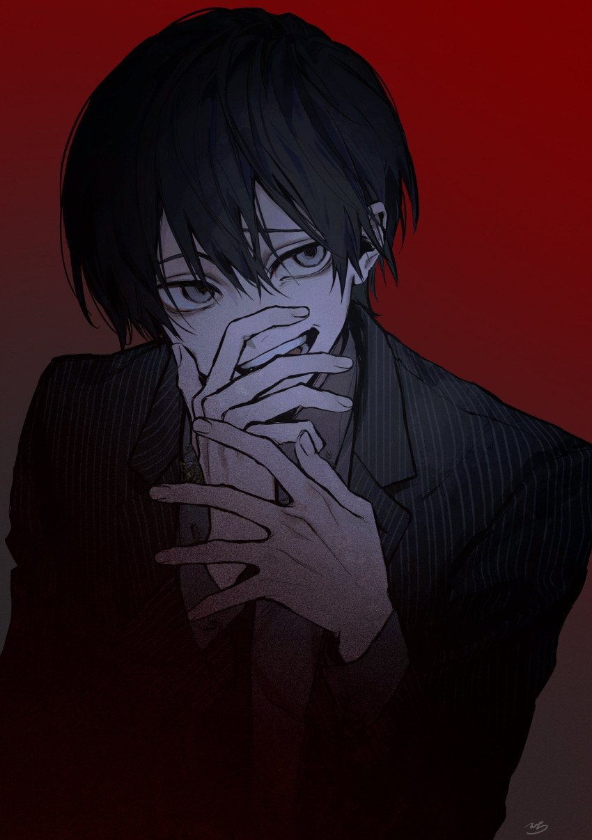 1boy black_eyes black_hair black_jacket cg_gs6 covering_own_mouth formal hair_between_eyes hands_up highres jacket long_sleeves looking_to_the_side male_focus necktie open_mouth original red_background shirt short_hair signature simple_background smile solo suit teeth upper_body
