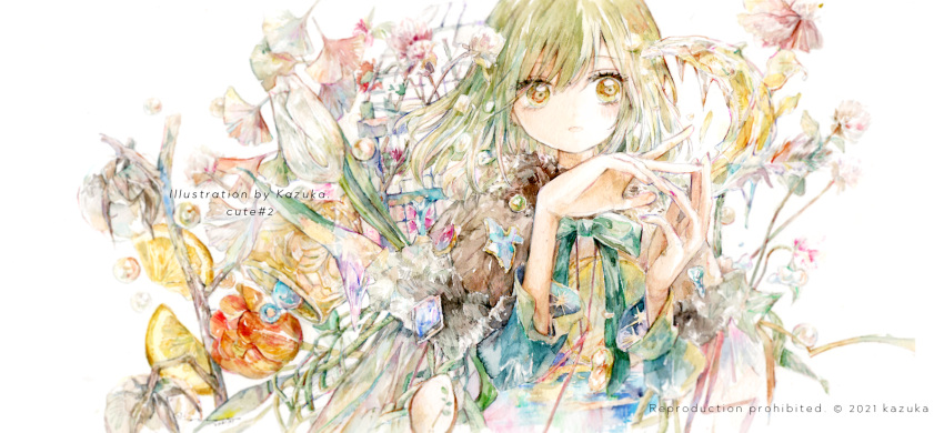 1girl flower green_eyes highres kazuka long_hair long_sleeves looking_at_viewer neck_ribbon original painting_(medium) ribbon solo swept_bangs traditional_media upper_body watercolor_(medium) white_background yellow_eyes