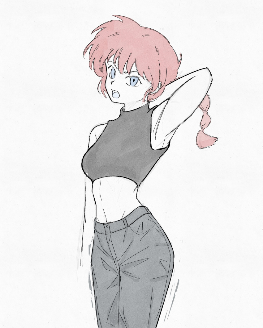 1girl absurdres arm_behind_head armpits black_pants black_tank_top braid commentary crop_top english_commentary grey_eyes highres long_hair midriff open_mouth pants rakutakuto ranma-chan ranma_1/2 redhead simple_background solo spot_color standing tank_top teeth upper_teeth_only white_background