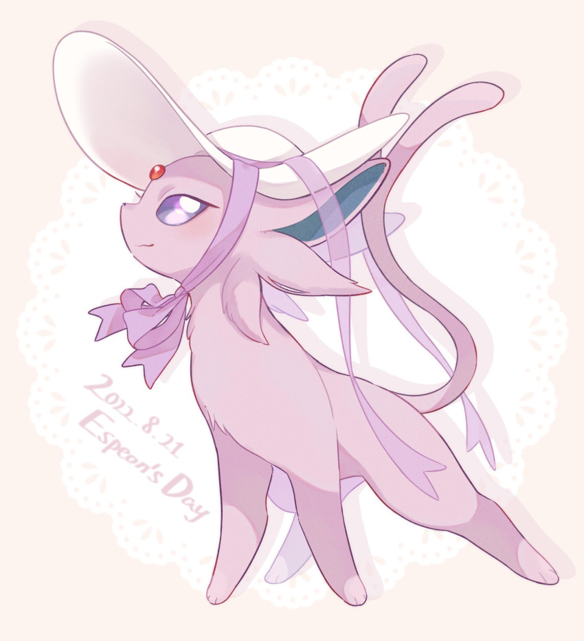 blush bright_pupils character_name closed_mouth clothed_pokemon dated em_ivy_akippoi espeon forehead_jewel forked_tail from_side full_body hat highres pokemon pokemon_(creature) purple_fur purple_ribbon purple_tail ribbon smile solo standing sun_hat tail violet_eyes white_hat white_pupils