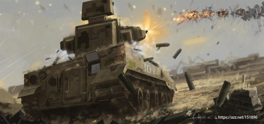 anti-aircraft_gun blurry blurry_background camouflage casing_ejection caterpillar_tracks chinese_commentary commentary digital_camouflage explosion firing from_behind highres military_vehicle no_humans original people's_liberation_army pgz-09 projectile_trail rubble shell_casing shouhui_lang_qun signature smoke war web_address