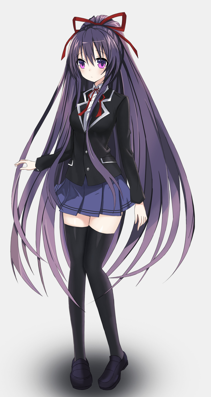 1girl absurdres blue_skirt breasts collared_shirt date_a_live feng_mouren full_body hair_ribbon highres long_hair long_sleeves looking_at_viewer pleated_skirt ponytail purple_hair raizen_high_school_uniform ribbon school_uniform shadow shirt shoes skirt solo thigh-highs violet_eyes white_shirt yatogami_tooka
