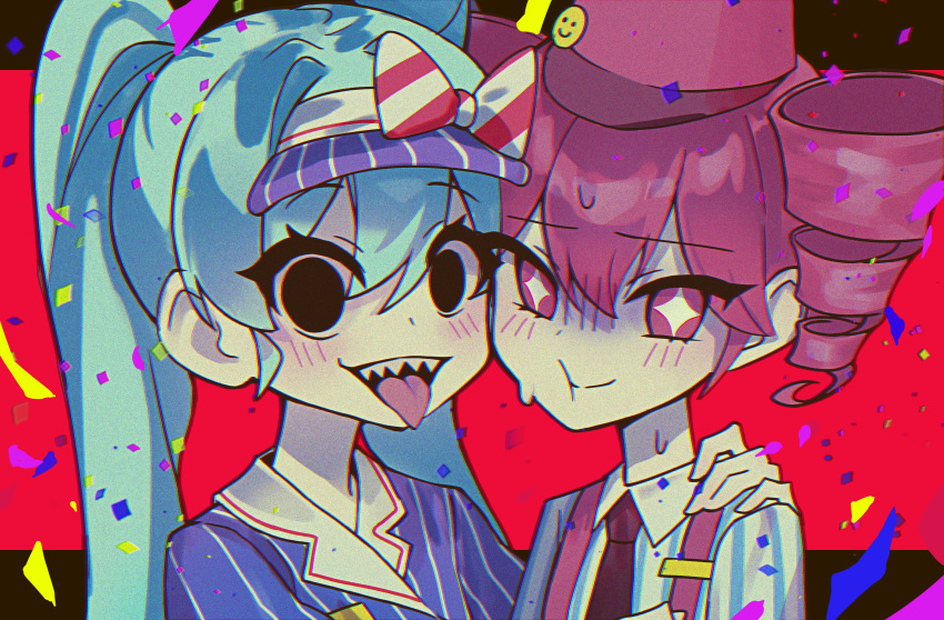 2girls absurdres black_eyes black_necktie blue_hair blue_shirt bow chromatic_aberration closed_mouth collared_shirt commentary diagonal-striped_bow drill_hair film_grain hair_between_eyes hand_on_another's_shoulder hat hatsune_miku highres kasane_teto long_hair mesmerizer_(vocaloid) multiple_girls necktie open_mouth pink_hair pink_hat sharp_teeth shirt short_sleeves smile sparkling_eyes striped_clothes striped_shirt suspenders sweat teeth tomya tongue tongue_out twin_drills twintails utau vertical-striped_clothes vertical-striped_shirt visor_cap vocaloid white_shirt
