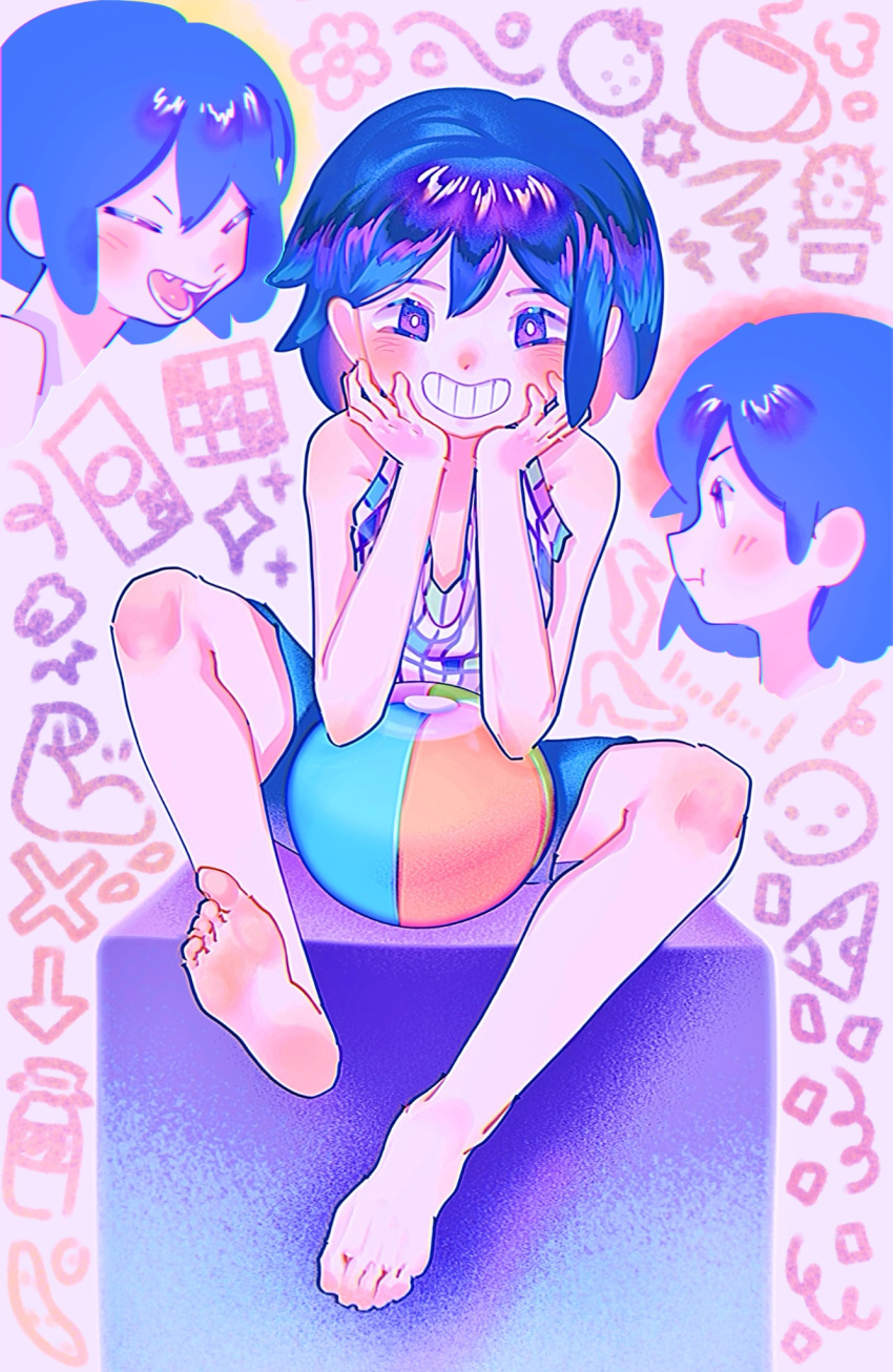 1boy ball barefoot blush closed_eyes closed_mouth grin highres kel_(headspace)_(omori) kel_(omori) looking_at_viewer omori open_mouth ow12714 parted_lips purple_hair short_hair shorts sitting smile solo teeth violet_eyes