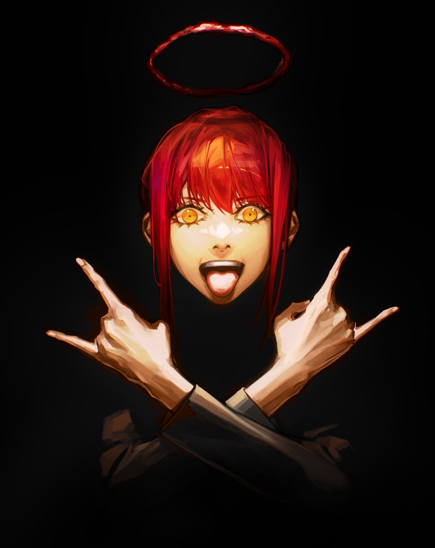1girl black_background blood blood_halo chainsaw_man deka_yo halo highres liquid_halo looking_at_viewer makima_(chainsaw_man) maximum_the_hormone open_mouth redhead ringed_eyes smile solo suit tagme tongue tongue_out yellow_eyes