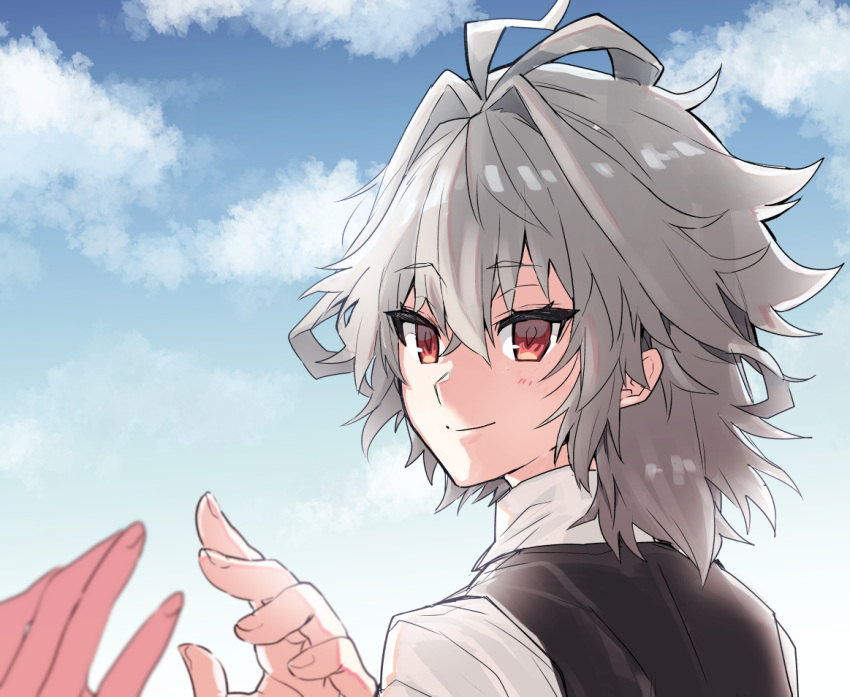 1boy 1other ahoge black_vest clouds cloudy_sky eyelashes fate/apocrypha fate_(series) feet_out_of_frame grey_hair hair_between_eyes hand_up haoro light_blush light_smile male_focus medium_hair reaching red_eyes shirt sieg_(fate) sky smile vest white_shirt
