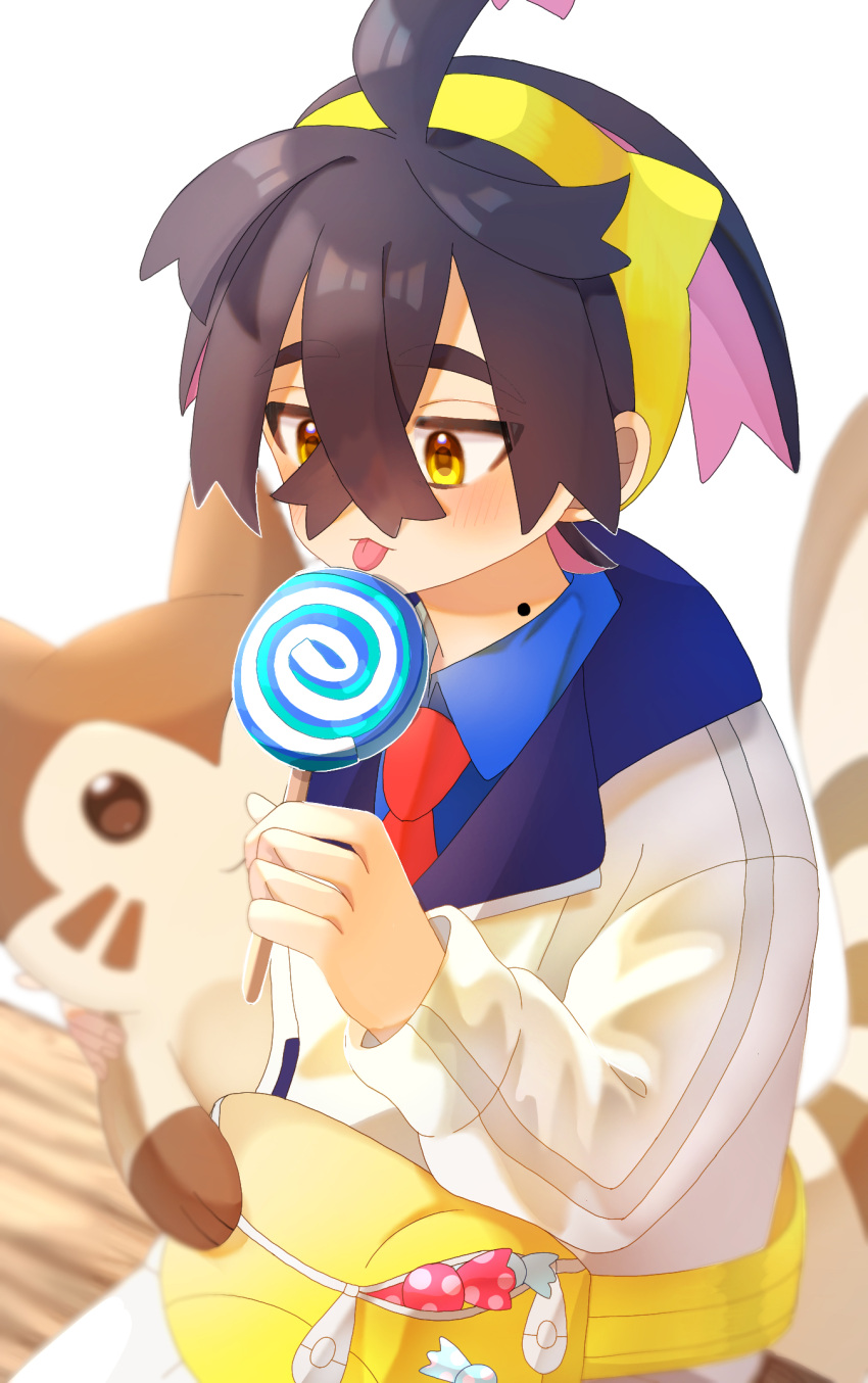 1boy black_hair blue_shirt blush candy candy_wrapper collared_shirt colored_inner_hair commentary_request crossed_bangs fanny_pack food furret hair_between_eyes hairband highres holding holding_candy holding_food holding_lollipop jacket kieran_(pokemon) lollipop long_sleeves looking_down male_focus mole mole_on_neck multicolored_hair necktie ninkou_tan pokemon pokemon_(creature) pokemon_sv red_necktie shirt tongue tongue_out white_background white_jacket yellow_bag yellow_hairband