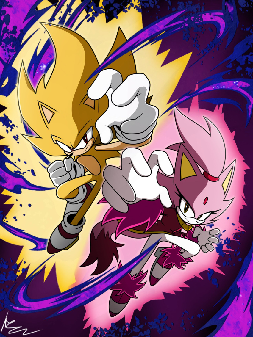 1boy 1girl blaze_the_cat burning_blaze forehead_jewel furry furry_female furry_male gloves gold_necklace highres jewelry keat looking_at_viewer necklace pants pink_footwear pink_fur ponytail red_eyes red_footwear sonic_(series) sonic_rush sonic_rush_adventure sonic_the_hedgehog super_sonic white_gloves white_pants yellow_eyes yellow_fur