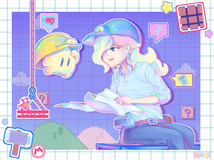 2girls ?_block blonde_hair blue_eyes blue_pants clouds collared_shirt earrings hair_over_one_eye hammer hard_hat helmet highres holding holding_paper jewelry long_hair looking_at_another luma_(mario) multiple_girls nat0rii pants paper rosalina shirt sitting sprite star_(symbol) star_earrings super_mario_bros. super_mario_maker_2 toadette