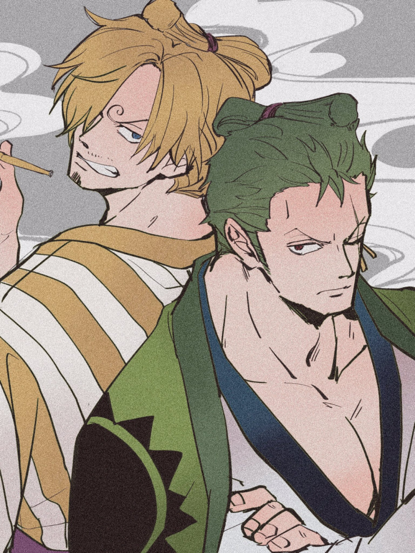 2boys abunaideka back-to-back blonde_hair chonmage crossed_arms curly_eyebrows earrings facial_hair goatee green_hair grey_background highres japanese_clothes jewelry kimono looking_at_viewer male_focus multiple_boys mustache one_piece roronoa_zoro sanji_(one_piece) scar scar_across_eye sideburns simple_background smoke striped_clothes striped_kimono topknot upper_body v-shaped_eyebrows vertical-striped_clothes vertical-striped_kimono yellow_kimono