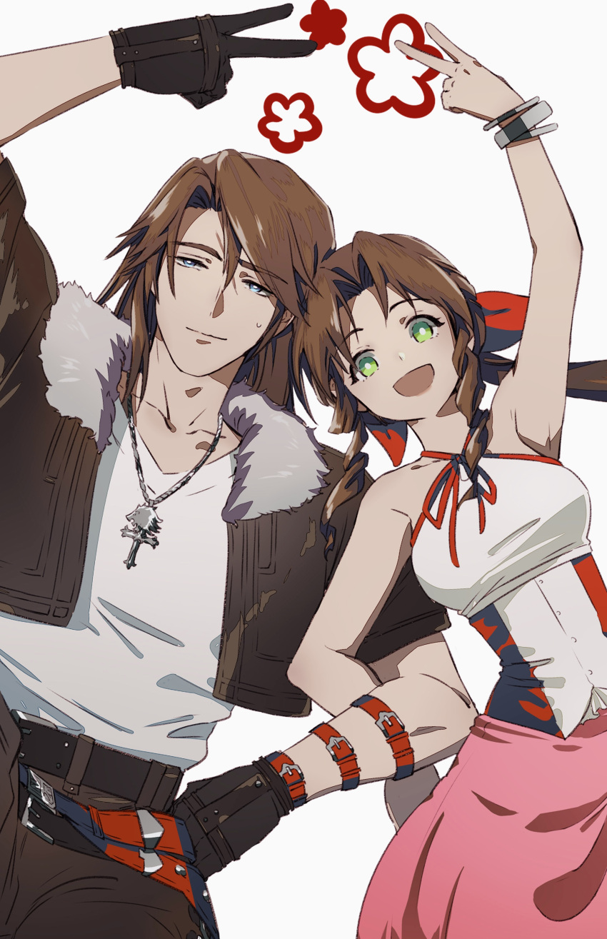 1boy 1girl absurdres aerith_gainsborough arm_up bangle belt black_gloves blue_eyes bow bracelet brown_hair closed_mouth cropped_jacket eyelashes fermium.ice final_fantasy final_fantasy_vii final_fantasy_viii fur-trimmed_jacket fur_trim gloves green_eyes hair_bow happy highres in-franchise_crossover jacket jewelry kingdom_hearts kingdom_hearts_ii long_hair multiple_belts necklace open_mouth pink_skirt posing red_bow scar scar_on_face shirt sidelocks skirt squall_leonhart sweatdrop v white_background white_shirt