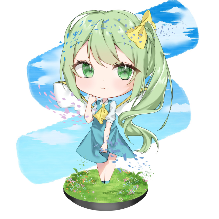 1girl absurdres ascot blue_dress blue_sky bow chibi chibi_only closed_mouth clouds daiyousei day dress fairy fairy_wings faux_figurine flower full_body grass green_eyes green_hair hair_bow hamano_yui hand_up highres legs_together long_hair looking_at_viewer making-of_available outdoors outside_border short_sleeves side_ponytail sky solo standing touhou very_long_hair wings yellow_ascot yellow_bow