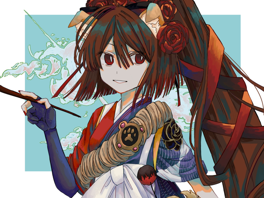 1girl animal_ear_fluff animal_ears blue_background border brown_hair fate/grand_order fate_(series) flower gloves hair_between_eyes hair_flower hair_ornament high_ponytail highres japanese_clothes kyokutei_bakin_(fate) long_hair parted_lips partially_fingerless_gloves paw_print red_eyes red_flower red_nails smile solo upper_body wararara white_border