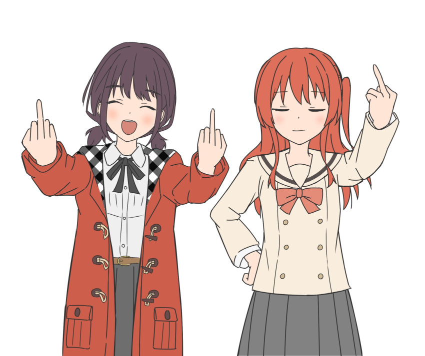 2girls ^_^ belt belt_buckle black_ribbon blush bocchi_the_rock! bow bowtie brown_belt brown_hair brown_sailor_collar brown_sweater buckle closed_eyes closed_mouth coat collared_shirt commentary double_middle_finger dress_shirt girls_band_cry grey_skirt hand_on_own_hip hand_up highres iseri_nina kita_ikuyo long_hair long_sleeves low_twintails middle_finger multiple_girls neck_ribbon one_side_up open_clothes open_coat open_mouth pleated_skirt red_bow red_bowtie red_coat redhead ribbon sailor_collar school_uniform serafuku shirt shirt_tucked_in short_hair short_twintails shuka_high_school_uniform simple_background skirt sweater symbol-only_commentary teeth tsubausa_(ryoyukan18_1) twintails upper_teeth_only white_background white_shirt