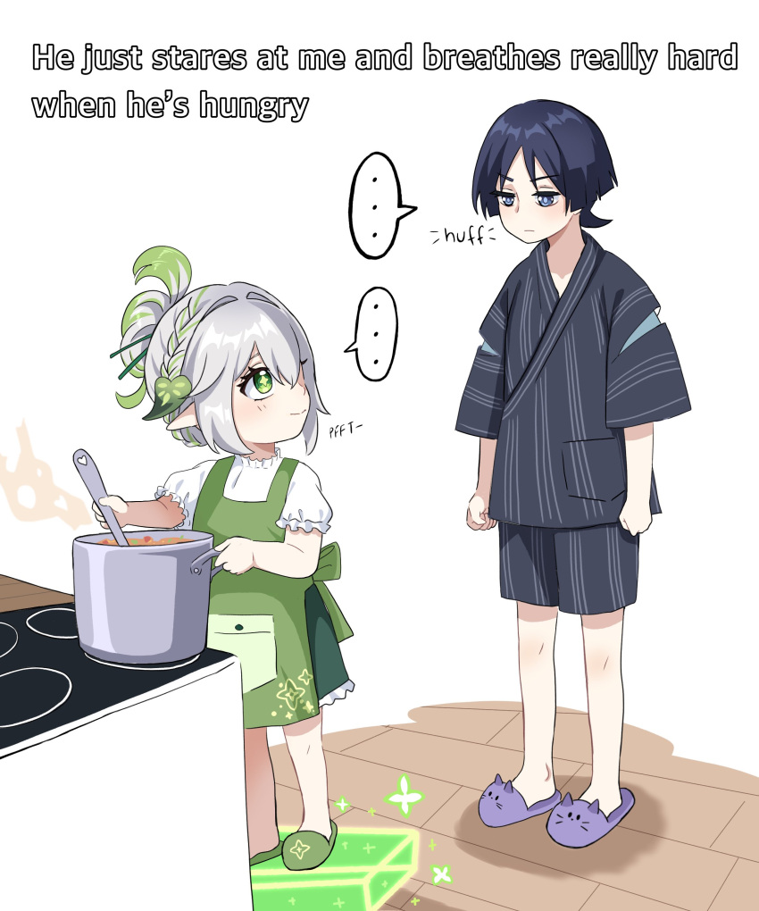 ... 1boy 1girl absurdres alternate_costume animal_slippers apron black_hair blue_eyes closed_mouth cooking cooking_pot english_text genshin_impact green_apron green_eyes green_hair grey_hair hair_between_eyes highres japanese_clothes julydelic multicolored_hair nahida_(genshin_impact) pointy_ears purple_footwear scaramouche_(genshin_impact) short_sleeves slippers spoken_ellipsis standing stove