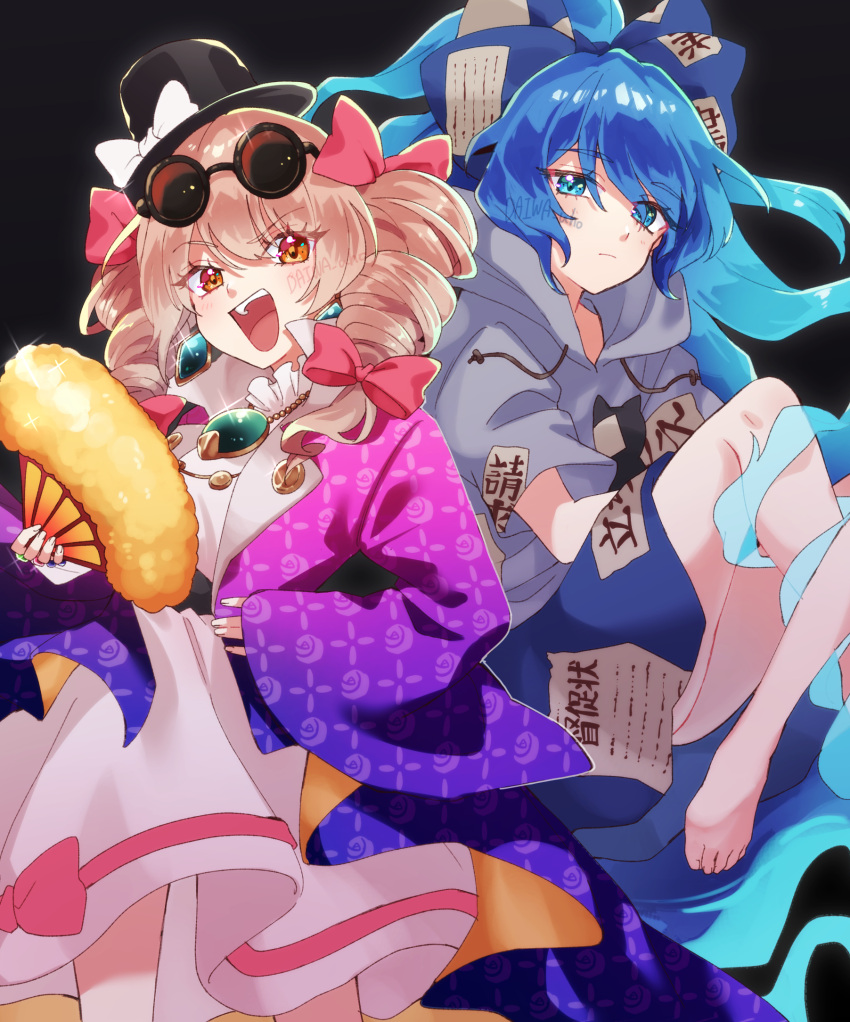 2girls black_hat blue_eyes brown_hair daiwa_uho drill_hair eyewear_on_head grey_shirt hand_fan hat highres holding holding_fan jewelry looking_at_viewer mini_hat mini_top_hat multiple_girls necklace open_clothes open_mouth orange_eyes round_eyewear shirt smile top_hat touhou twin_drills yorigami_jo'on yorigami_shion