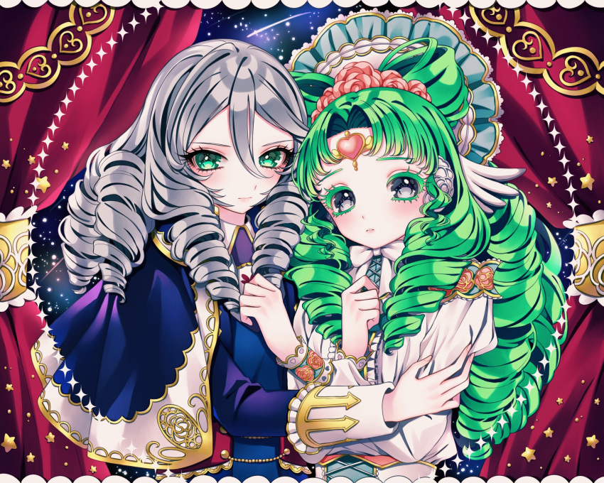 2girls ao_(ao0_0nemu) bad_id bad_pixiv_id blue_capelet blue_jacket bow-shaped_hair capelet closed_mouth colored_eyelashes curtains drill_hair falulu falulu_(awakened) forehead_jewel green_eyes green_hair grey_eyes grey_hair hair_between_eyes highres idol_clothes jacket long_hair long_sleeves looking_at_viewer multiple_girls parted_bangs pretty_series pripara shikyoin_hibiki sidelocks upper_body wing_hair_ornament