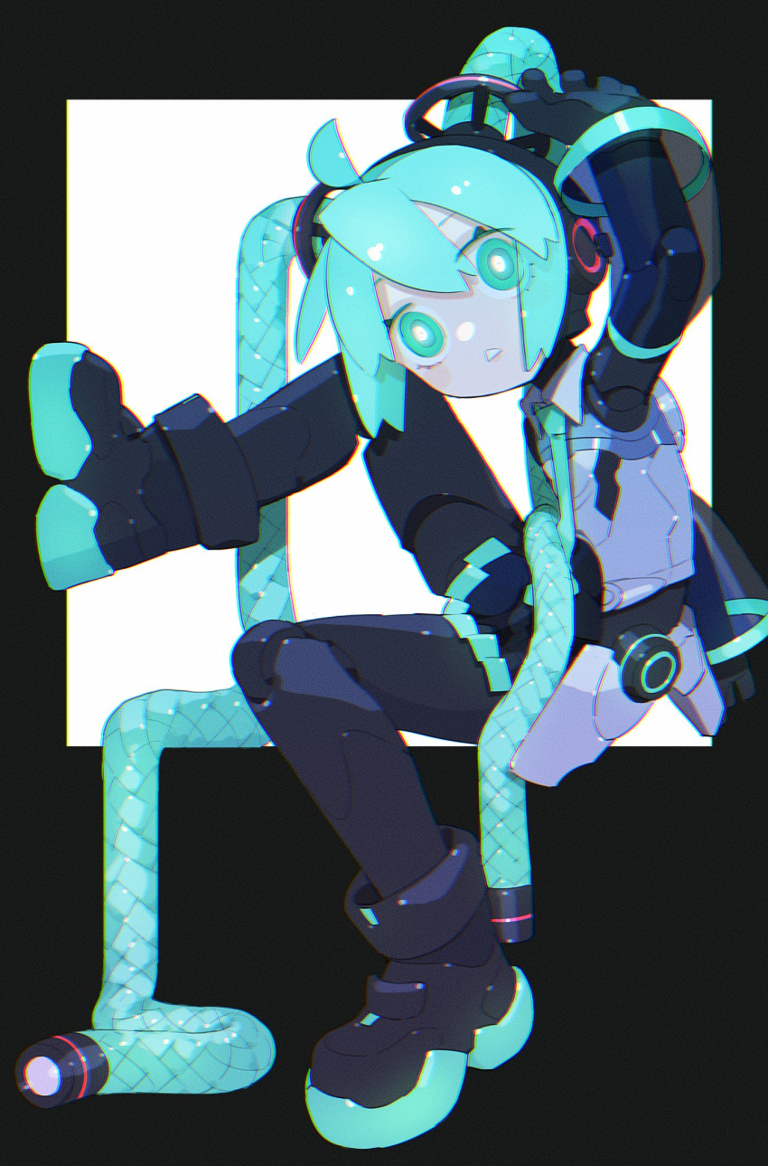 1girl ahoge android aqua_eyes aqua_hair aqua_necktie bare_shoulders black_background black_border black_sleeves border bright_pupils cable_hair character_name cheri_zao cramped detached_sleeves from_side full_body hatsune_miku highres jitome joints legs_apart long_hair looking_at_viewer mechanical_parts miniskirt necktie no_nose number_tattoo outside_border robot_girl robot_joints see-through see-through_skirt see-through_sleeves shirt simple_background skirt sleeveless sleeveless_shirt solo tareme tattoo very_long_hair vocaloid white_background white_pupils