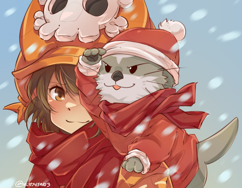 1girl animal animal_in_clothes blush brown_hair cabbie_hat christmas dodomezaki guilty_gear guilty_gear_strive hat hat_ornament highres long_hair long_sleeves looking_at_viewer may_(guilty_gear) mil17459623 orange_eyes orange_hat otter red_hat red_scarf scarf skull_and_crossbones skull_hat_ornament smile