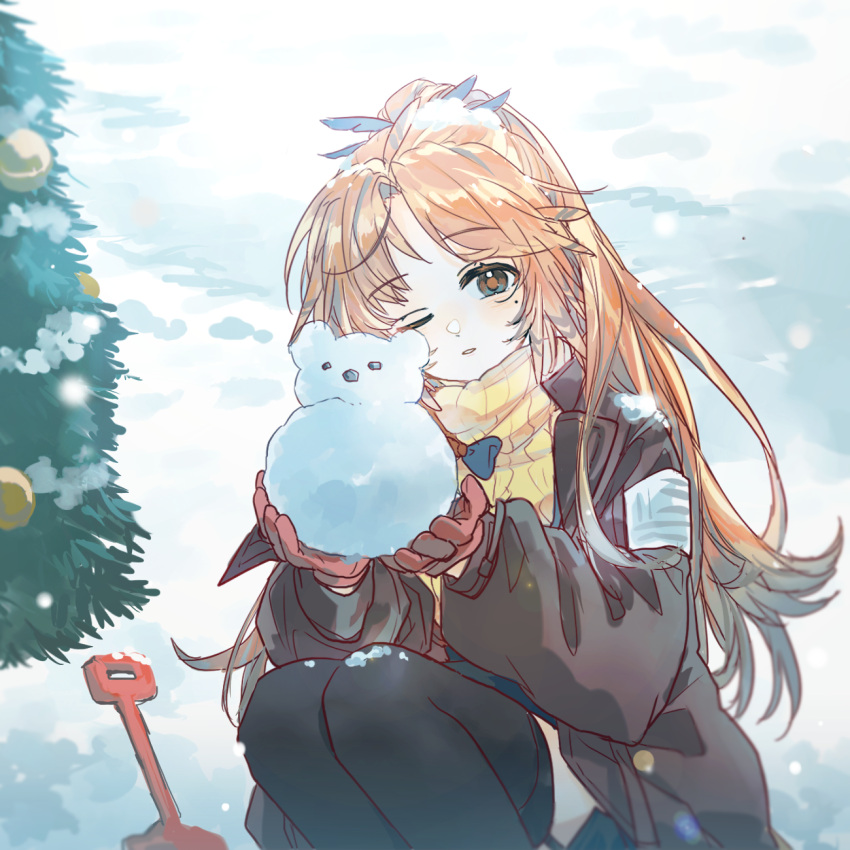 1girl arknights black_thighhighs brown_jacket christmas_tree day feather_hair feet_out_of_frame forehead garter_straps gloves half_updo hansuitianer highres holding_snowman jacket legs_together long_hair long_sleeves looking_at_viewer mole mole_under_eye one_eye_closed open_clothes open_jacket orange_eyes orange_hair outdoors parted_bangs parted_lips pinecone_(arknights) planted planted_shovel ponytail red_gloves ribbed_sweater shovel sidelocks snow snowing snowman solo squatting sweater thigh-highs turtleneck turtleneck_sweater yellow_sweater