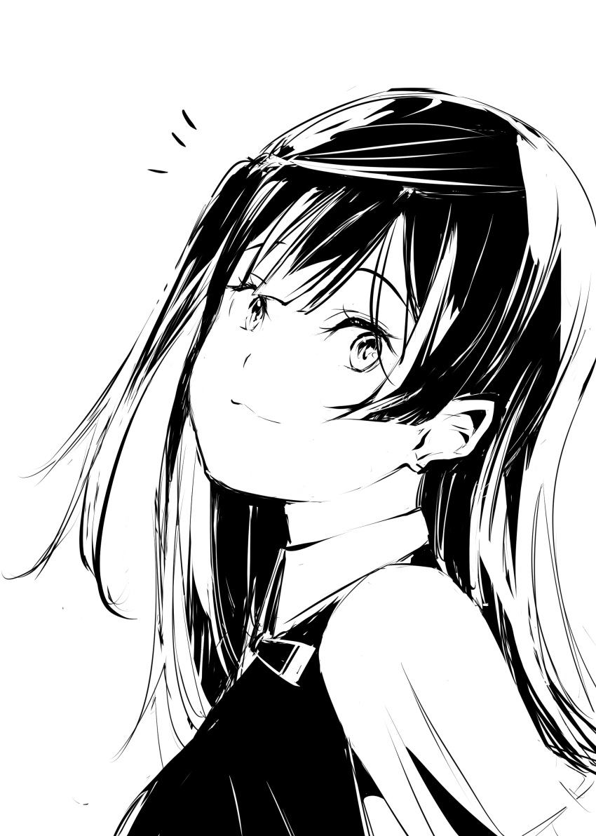 1girl absurdres closed_mouth collared_shirt commentary_request greyscale highres long_hair looking_at_viewer love_live! love_live!_nijigasaki_high_school_idol_club monochrome neck_ribbon nijigasaki_academy_school_uniform notice_lines one_side_up ribbon school_uniform shirt short_sleeves sidelocks solo summer_uniform tommer upper_body vest white_background yuki_setsuna_(love_live!)
