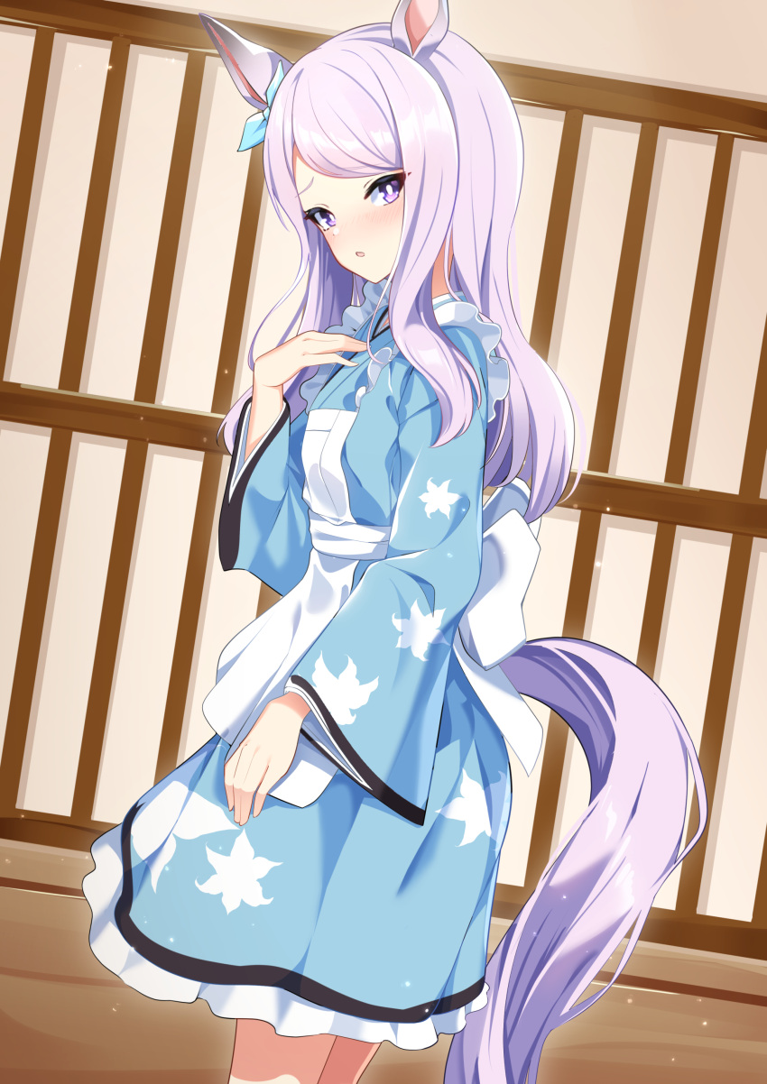 1girl absurdres alternate_costume animal_ears apron blush breasts commentary_request from_side hair_ornament highres horse_ears horse_girl horse_tail looking_at_viewer maid mejiro_mcqueen_(umamusume) purple_hair small_breasts solo sunny_(20597521) tail umamusume violet_eyes wa_maid