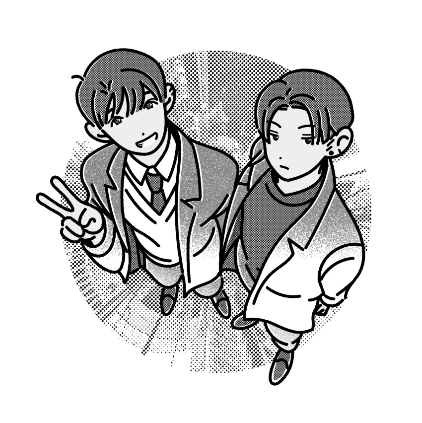 2boys arms_behind_back collared_shirt dot_nose earrings foreshortening frown greyscale grin highres jacket jewelry looking_at_viewer male_focus monochrome multiple_boys necktie original shirt shoes short_hair smile sweater v zqillust