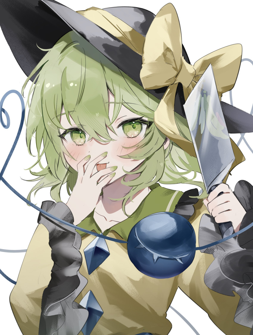 1girl :p black_hat bow buttons commentary_request diamond_button frilled_sleeves frills green_eyes green_hair hair_between_eyes hand_on_own_face hat hat_bow highres holding_cleaver koishi_day komeiji_koishi long_hair long_sleeves looking_at_viewer shirt simple_background solo sorani_(kaeru0768) third_eye tongue tongue_out touhou upper_body white_background wide_sleeves yellow_bow yellow_shirt