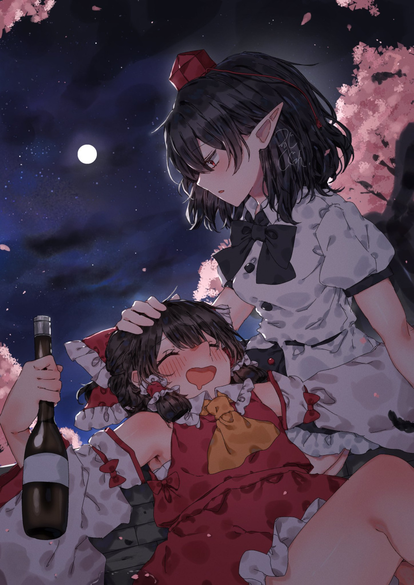 2girls alcohol ascot black_hair black_skirt bottle breasts cherry_blossoms chest_sarashi closed_eyes commentary_request detached_sleeves drooling drunk full_body hakurei_reimu hand_on_another's_head hat highres lap_pillow long_sleeves mouth_drool multiple_girls night night_sky open_mouth pointy_ears red_hat red_shirt red_skirt sake sake_bottle sarashi shameimaru_aya shirt short_hair skirt sky sleeveless sleeveless_shirt small_breasts star_(sky) starry_sky tokin_hat touhou tsuyuji_shigure white_shirt white_sleeves wide_sleeves yellow_ascot
