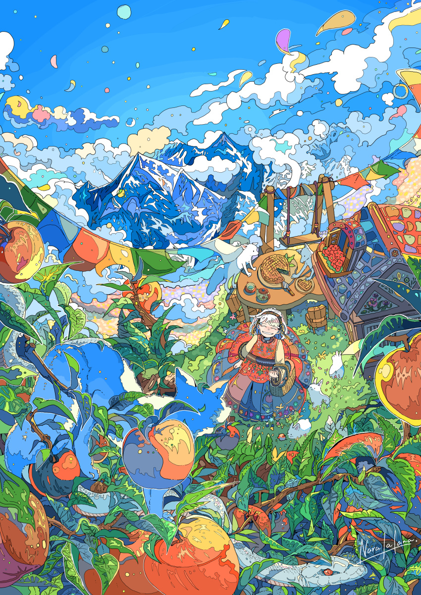 1girl absurdres animal apple basket blue_sky branch building chair closed_eyes clouds colorful commentary_request cup day dress flower food fox fruit grin highres leaf long_sleeves mountain nara_lalana nature original outdoors peel_(tool) pie plant rabbit red_flower scenery signature sky smile snake solo standing string_of_flags swing swing_set table teacup teapot wide_shot wide_sleeves window
